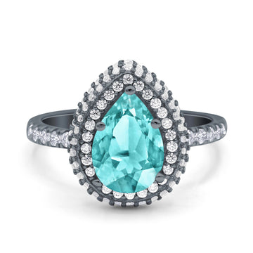 Teardrop Pear Art Deco Engagement Ring Black Tone, Simulated Paraiba Tourmaline CZ 925 Sterling Silver